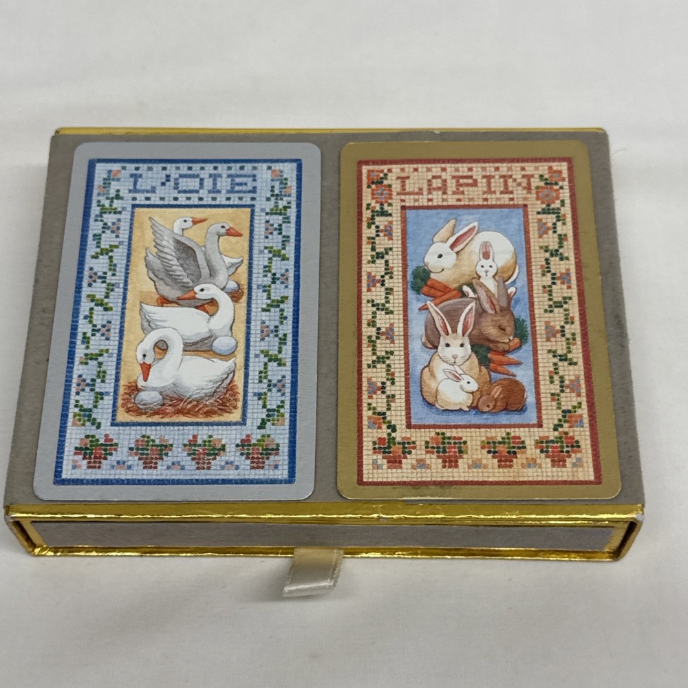 VTG Congress Double 2 Deck Playing Cards Velvet Box Complete Geese New Bunnies